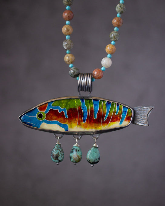 Ornate Wrasse Necklace  • Cloisonné Vitreous Enamel , Turquoise and Agate beads